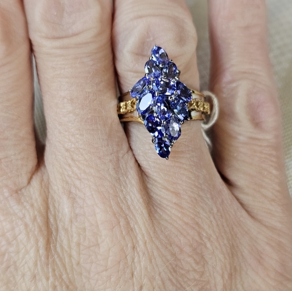 Gems En Vogue Natural Tanzanite Cluster Ring Palladium Sterling Silver 18k Sz 7! - Picture 7 of 9